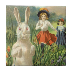 Carreau Lapin de Pâques vintage et enfants Joyeuse fête de