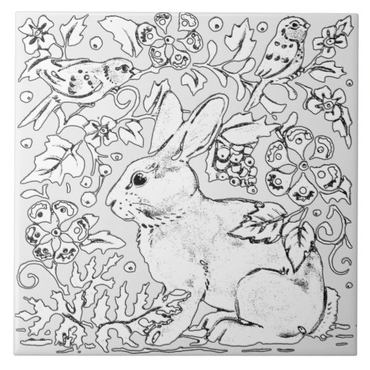 Carreau Lapin Gris Lapin Oiseau Floral Dessin Artistique (Devant)