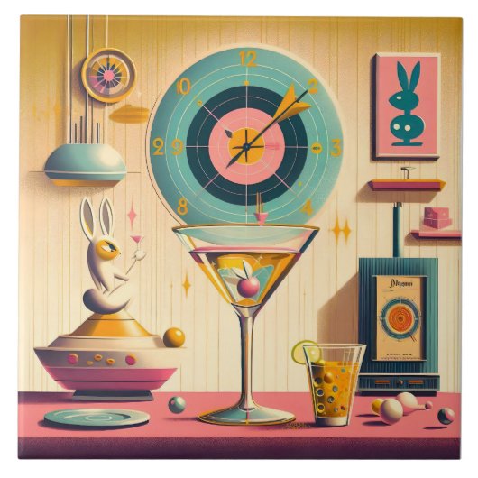 Carreau Lapin Martini Rétro Futuriste du Milieu du Siècle  (Devant)