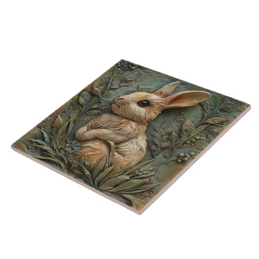 Carreau Lapin mignon lapin et fleurs Faux relief (Côté)