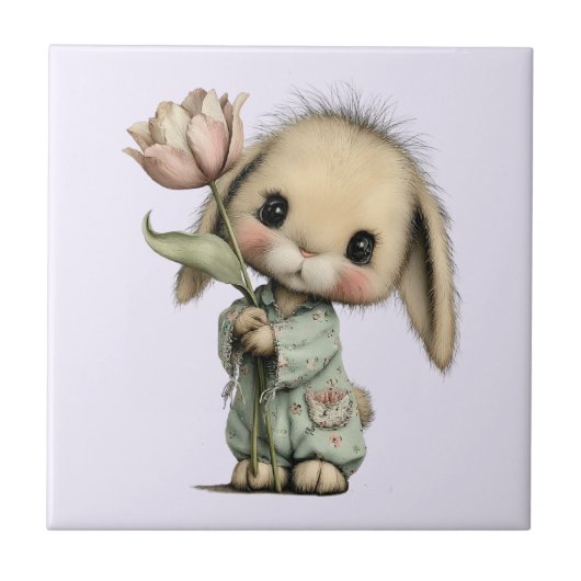Carreau Lapin mignon tenant une Tulipe (Devant)