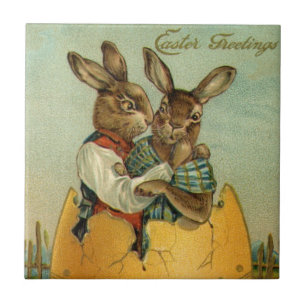 Carreau Lapins dans un œuf d'or, Pâques victorienne vintag