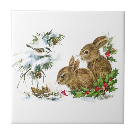 Carreau Lapins de Noël vintage dans la neige (Devant)