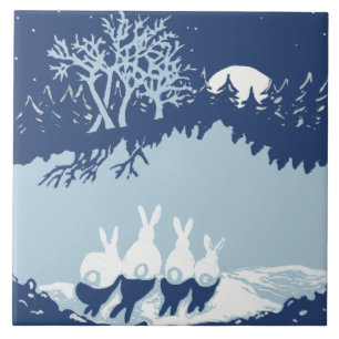 Carreau Lapins de Noël Vintage Etoiles d'hiver Forêt Lun