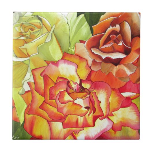 Carreau L'art de l'aquarelle aux roses orange et jaune (Devant)