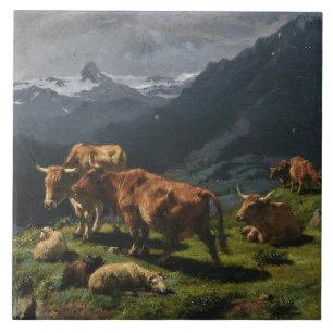 Carreau Le bétail et le mouton dans un paysage alpin
