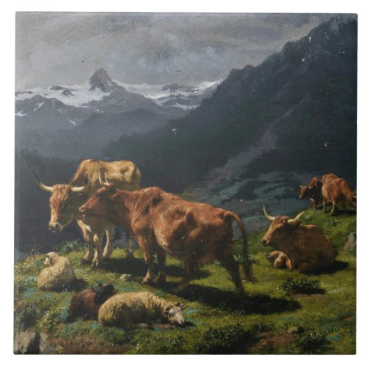 Carreau Le bétail et le mouton dans un paysage alpin (Devant)