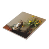 Carreau Le chat tigré noir Brown se reposant sur le piano (Côté)