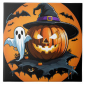 Carreau Le fantôme d'Halloween flotte à côté d'un citrouil (Devant)