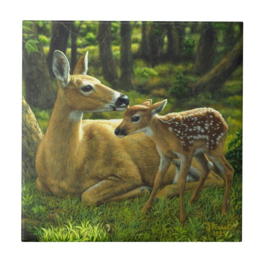 Carreau Le printemps blanc Fawn et la mère Deer (Devant)