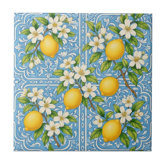 Carreau Lemon Watercolor Blue Mediterranean Pattern (Devant)