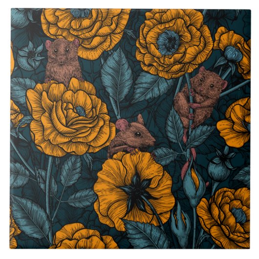 Carreau Les souris font la fête en orange et bleu (Devant)