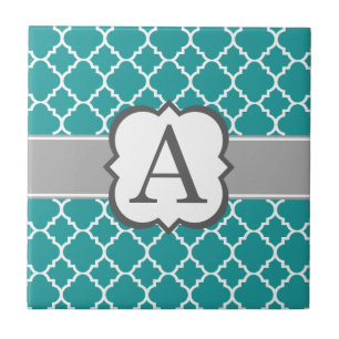 Carreau Lettre bleue turquoise de monogramme un Quatrefoil