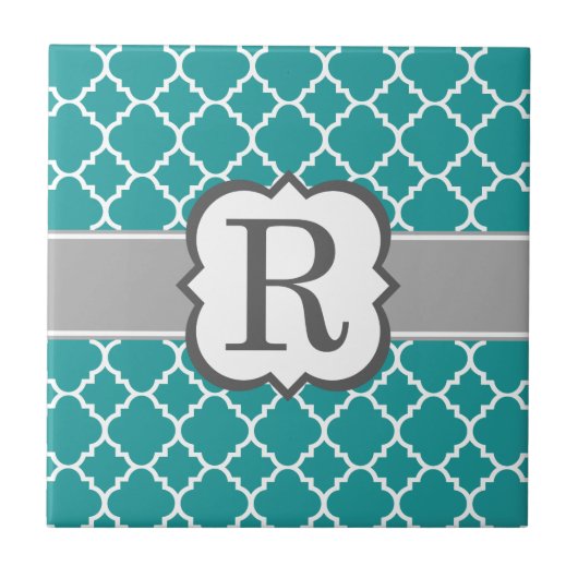 Carreau Lettre bleue turquoise R Quatrefoil de monogramme (Devant)