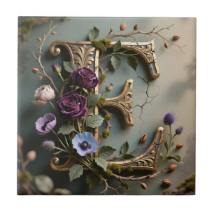 Carreau Lettre E dorée à motif floral antique