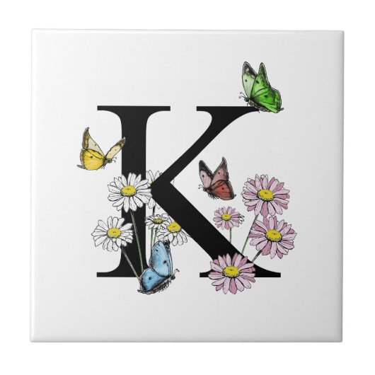 Carreau Lettre K Floral Aquarelle Papillon Monogramme (Devant)