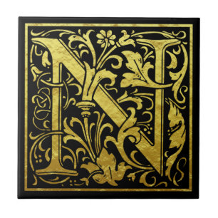 Carreau Lettre N Première Lettre Faux Gold Black