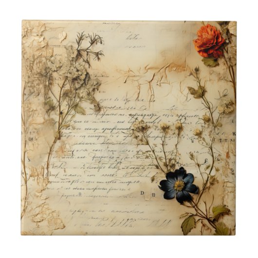 Carreau Lettre vintage d'amour parchemin avec fleurs (5) (Devant)