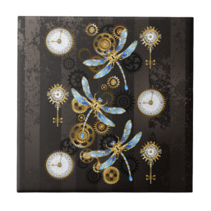Carreau Libellules Steampunk sur fond rayé marron