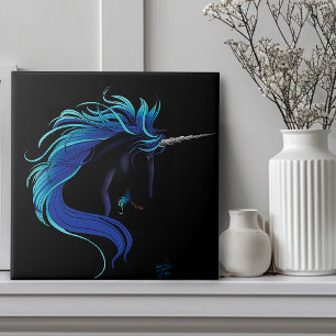Carreau Licorne noire élégante Magie Fantasy Bleu Argent