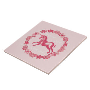 Carreau Licorne rose et fleurs