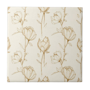 Carreau Ligne d'art de fleur dorée sur florale ivoire chau