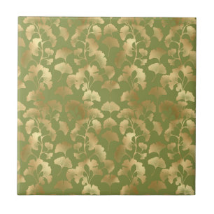 Carreau Ligne dorée feuilles de ginkgo émeraude botanique
