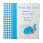 Carreau L'information bleue et blanche de naissance<br><div class="desc">Un grand souvenir pour votre nouveau bébé. Comporté dans un plaid bleu et blanc avec un éléphant mignon adorable de bébé et une conception abstraite d'arrière - plan de remous avec l'information bleue de coeurs et de naissance de do-it-yourself. le ⭐ ce produit est 100% personnalisable. Des graphiques et le...</div>