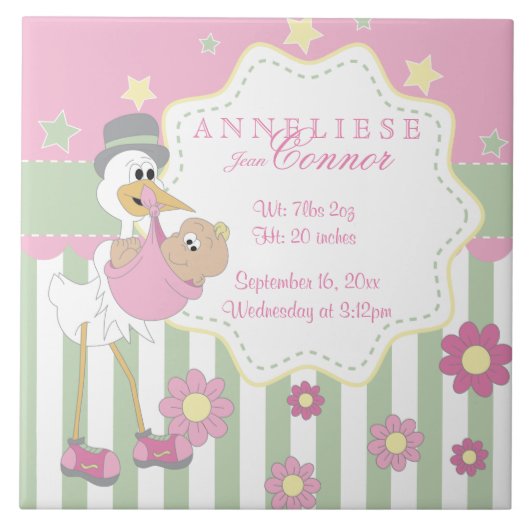 Carreau L'information de naissance - cigogne rose de bébé (Devant)