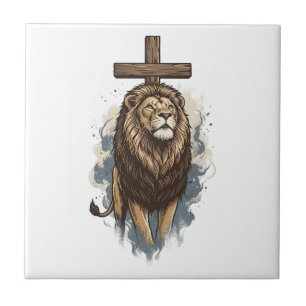 Carreau Lion Chrétien et Croix Vintage