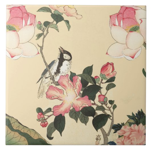 CARREAU LITTLE BIRD WITH PINK ROSES AND LOTUS FLOWERS (Devant)