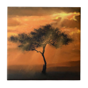 Carreau Lonely Tree Sunbeams Ceramic Tile Painting