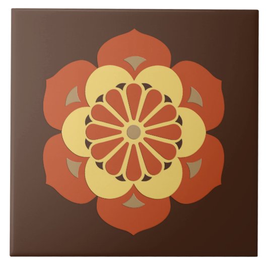 Carreau Lotus Flower Mandala, Brown, rouille et jaune (Devant)