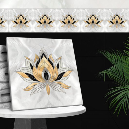 Carreau Lotus Flower - Noir, Perle et Or