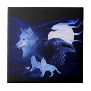 Carreau Loup et corbeau avec pleine lune