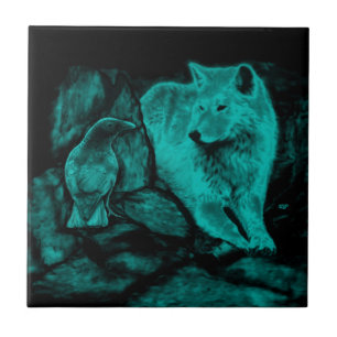 Carreau Loup et corbeau dans la nuit