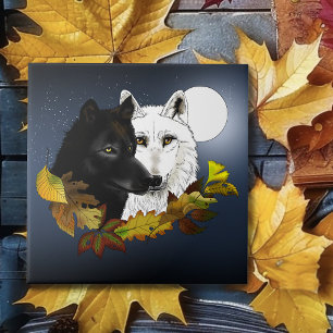 Carreau Loups Blancs Noirs Clair de Lune Feuilles d'Automn
