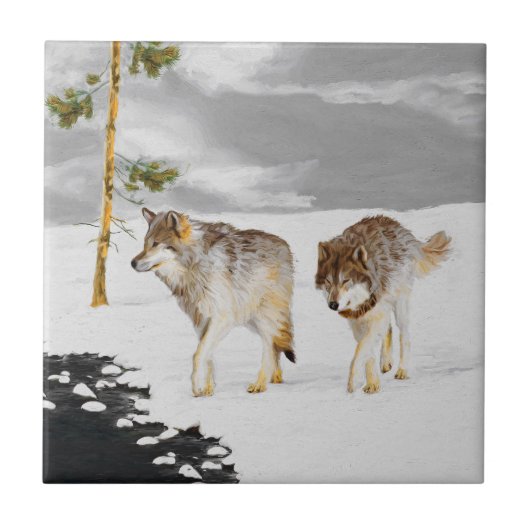 Carreau Loups en peinture sur neige - Art original de la f (Devant)