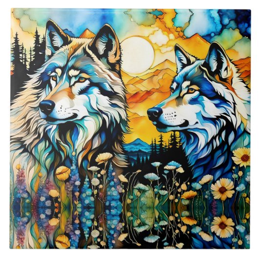 Carreau Loups gris et Fleurs sauvages (Devant)