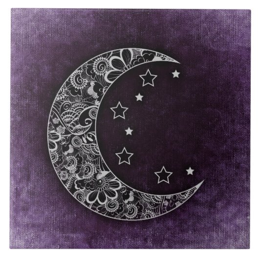 Carreau Lune à croissant floral d'or et étoiles sur violet (Devant)