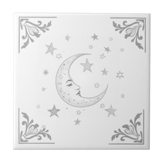 Carreau Lune céleste avec face et étoiles argent et blanc (Devant)