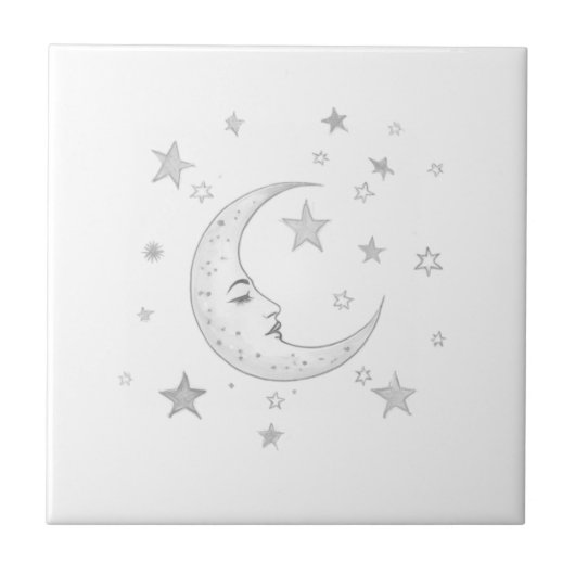 Carreau Lune céleste avec face et étoiles argent et blanc (Devant)