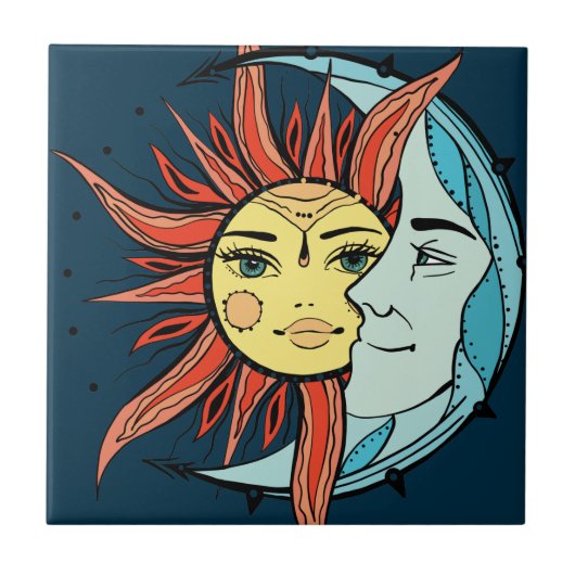 Carreau Lune et soleil. Illustration de tatouage de style (Devant)
