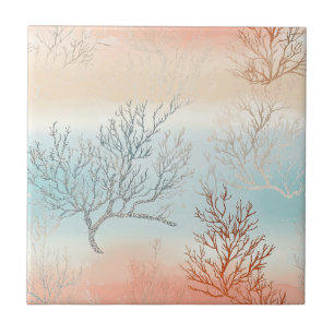 Carreau Luxe Aquarelle Corail et Vagues Océaniques Côtière