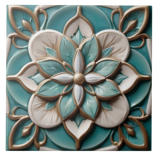 Carreau Luxe Fleur Faux Relief Floral Turquoise & Blanc (Devant)