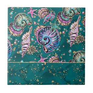 Carreau Luxe Turquoise sous-marin Coquillages d'or Green