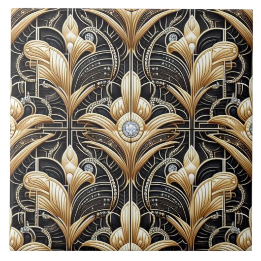 Carreau Luxury Black & Gold Art Deco Ceramic Tile  (Devant)