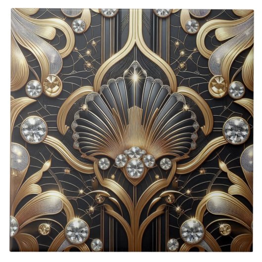 Carreau Luxury Black & Gold Art Deco Ceramic Tile  (Devant)
