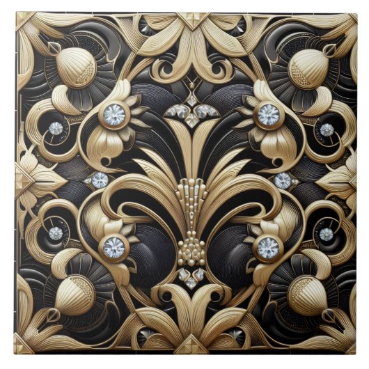 Carreau Luxury Black & Gold Art Deco Ceramic Tile  (Devant)