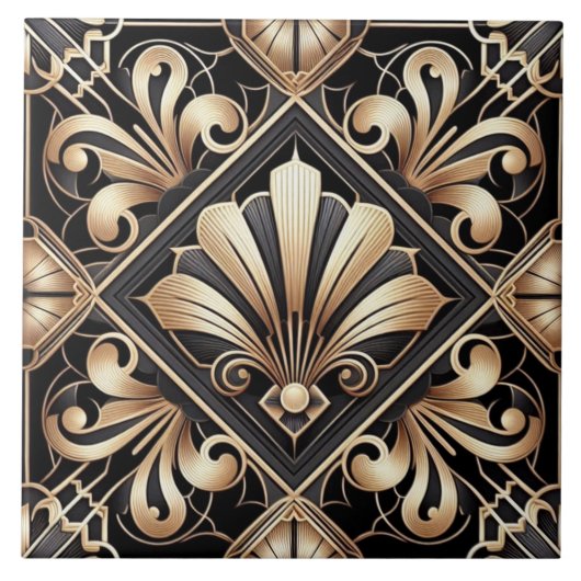 Carreau Luxury Black & Gold Art Deco Ceramic Tile  (Devant)
